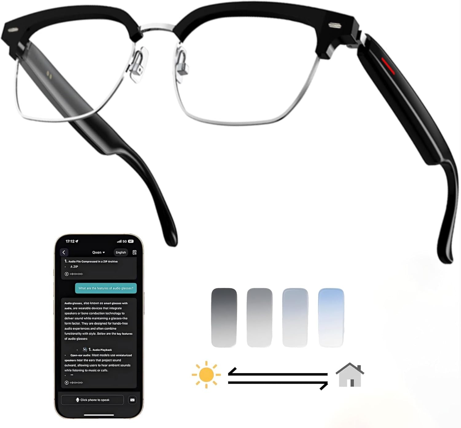 AI Smart Glasses, 164 Language Translation Glasses, Bluetooth Glasses with Speakers for Music and Calls, Photochromic Lenses, 170Mah Battery for Men Women, Travel, Work and Sports