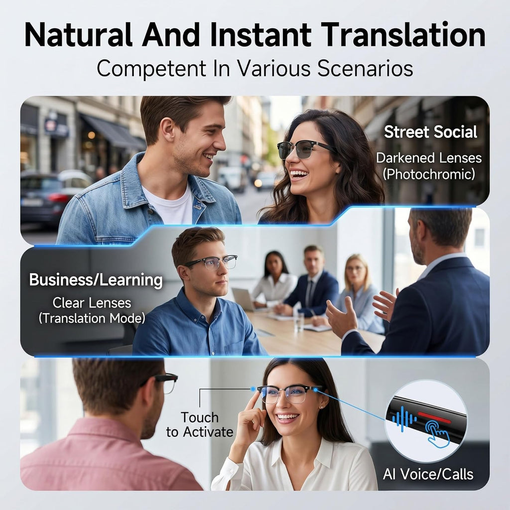AI Smart Glasses, 164 Language Translation Glasses, Bluetooth Glasses with Speakers for Music and Calls, Photochromic Lenses, 170Mah Battery for Men Women, Travel, Work and Sports