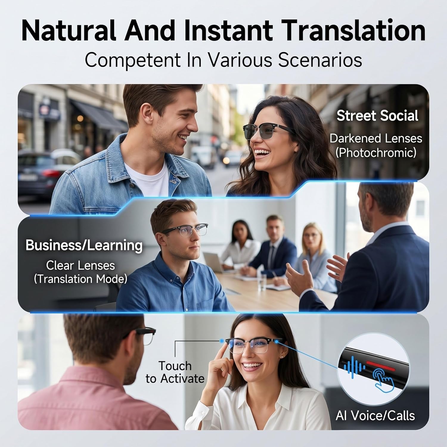AI Smart Glasses, 164 Language Translation Glasses, Bluetooth Glasses with Speakers for Music and Calls, Photochromic Lenses, 170Mah Battery for Men Women, Travel, Work and Sports