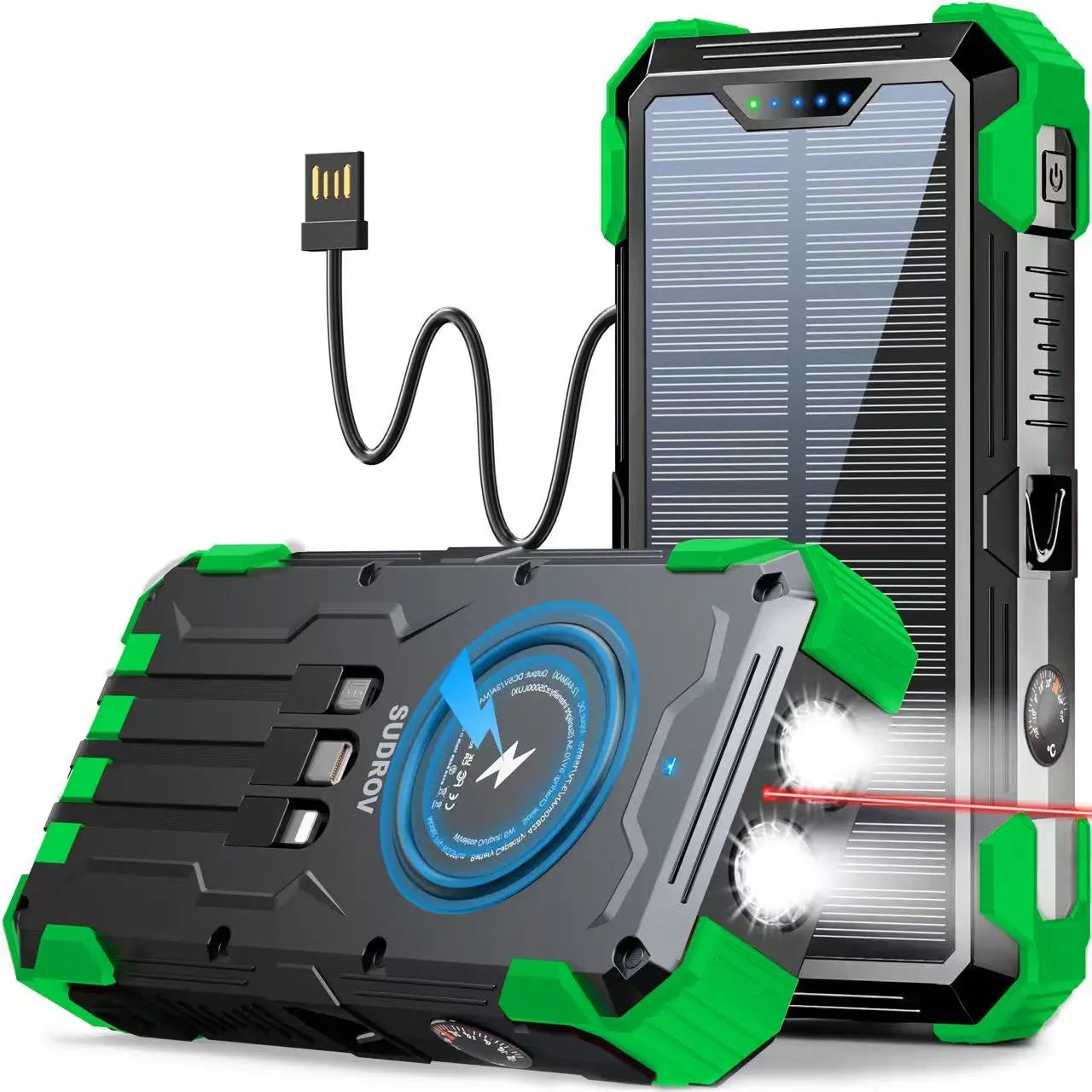 Sudrov 42800 Mah Solar Charger Power Bank Wireless Charger Built in 4 Cables 7 Outputs 15 Watts Fast Charging Power Bank for All Mobile Devices 3 Inputs Solar Portable Charger with Dual Flashlights, Carabiner and Thermometer