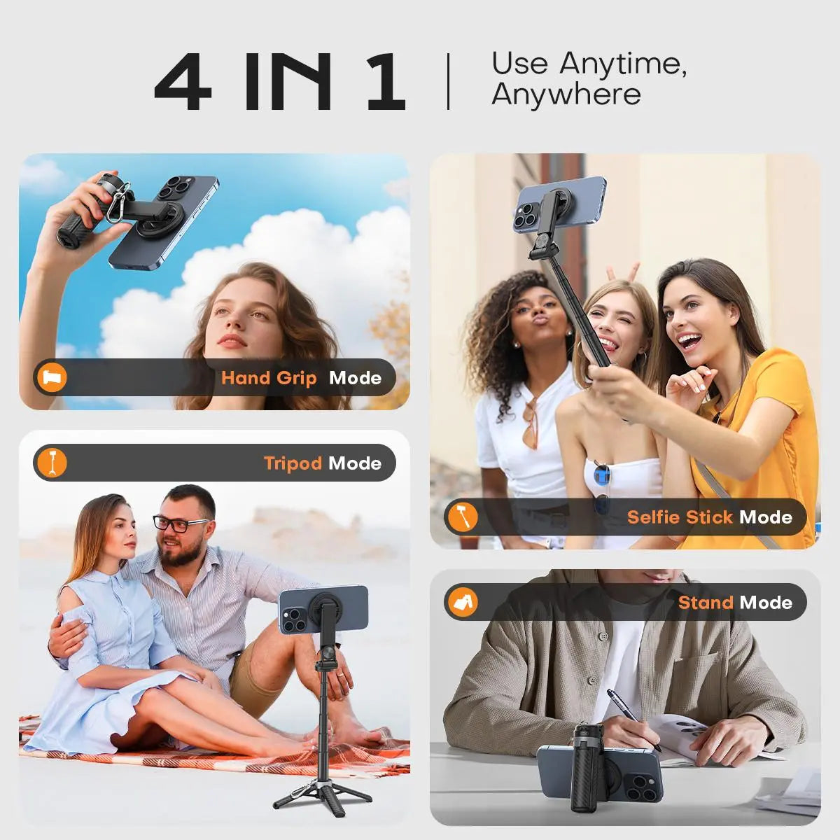 Upgrated 4-In-1 Magnetic Selfie Stick with Remote for Cell Phone 360° Rotation.Can Transforms into Mini Tripod/Camera Grip/Handheld Stabilizer/Phone Stand.Extend to 25 Inches