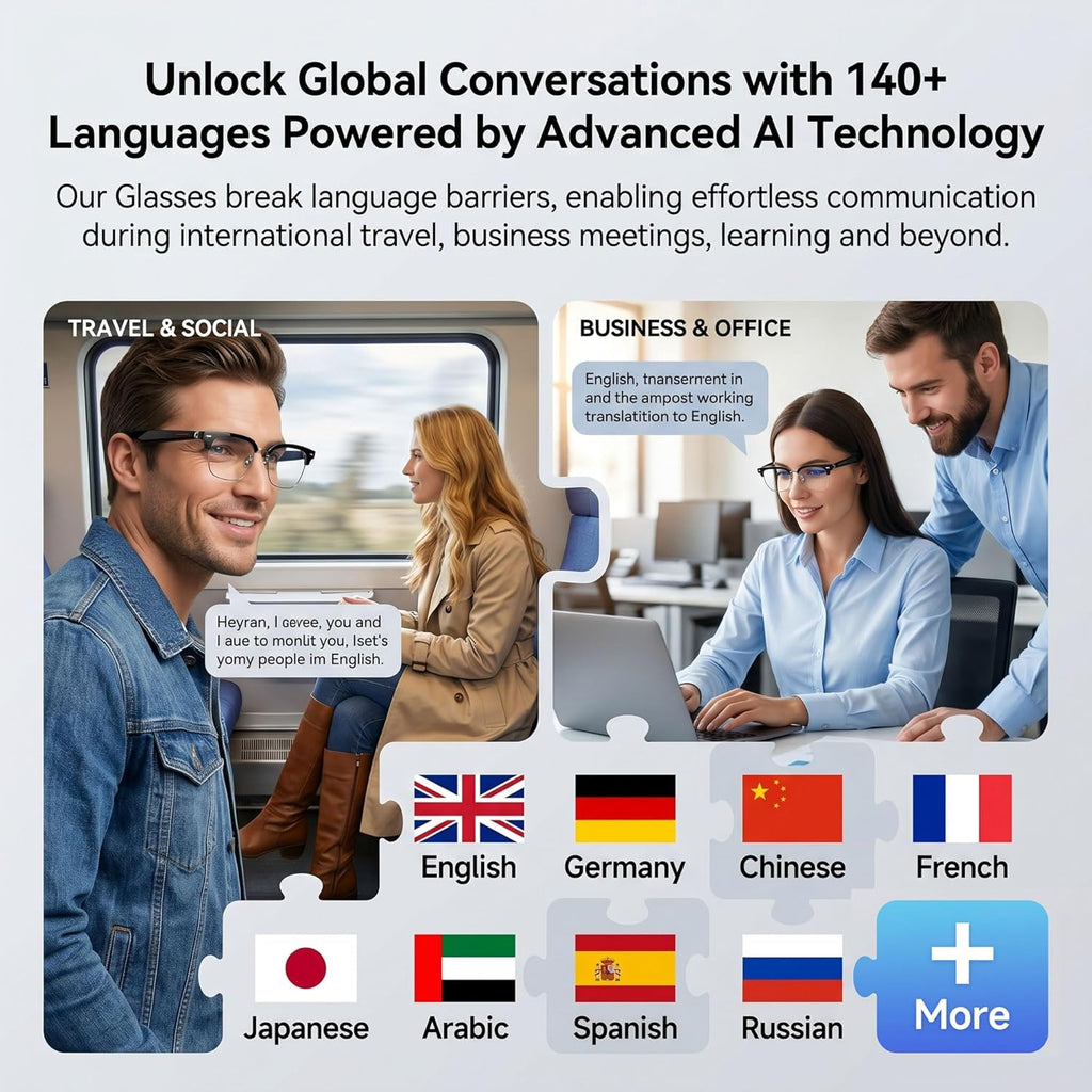 AI Smart Glasses, 164 Language Translation Glasses, Bluetooth Glasses with Speakers for Music and Calls, Photochromic Lenses, 170Mah Battery for Men Women, Travel, Work and Sports