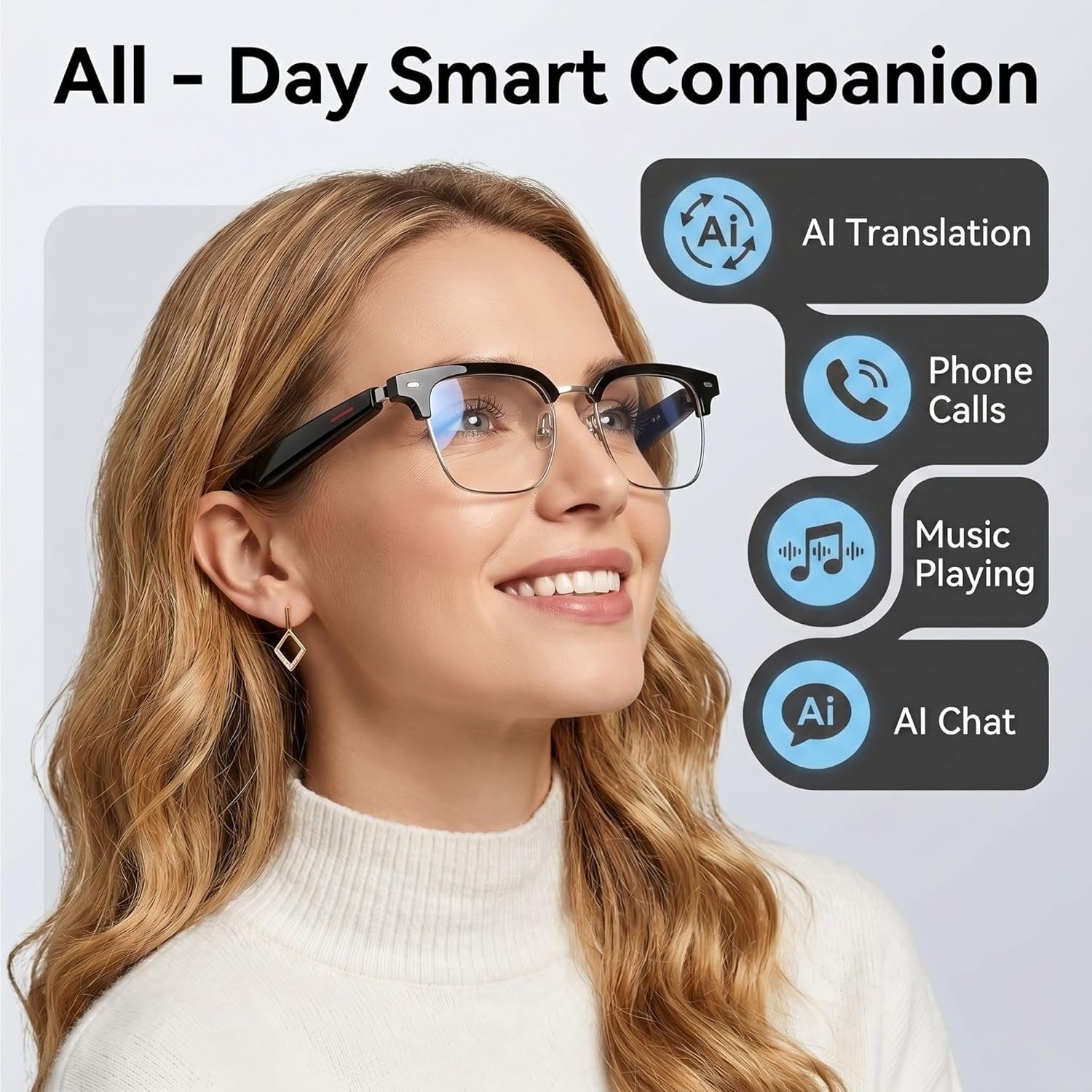 AI Smart Glasses, 164 Language Translation Glasses, Bluetooth Glasses with Speakers for Music and Calls, Photochromic Lenses, 170Mah Battery for Men Women, Travel, Work and Sports
